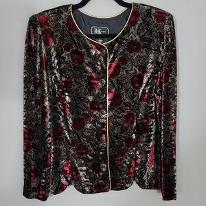 R&K Floral Velvet Blazer Jacket Size 14 M/L Button Up Formal Evening Womens